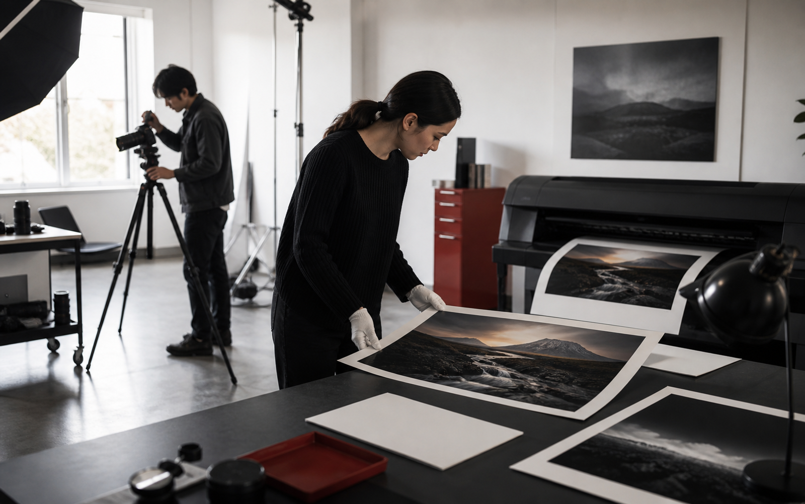 Photorealistic Canon story scene connecting a studio camera, printed output, and production workflow without visible logos.
