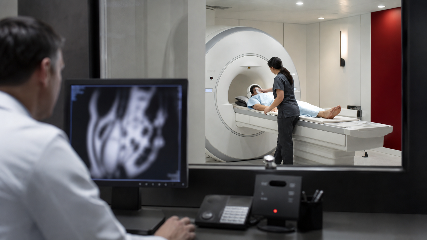 Clinical imaging room with diagnostic equipment and a healthcare team, without visible logos.