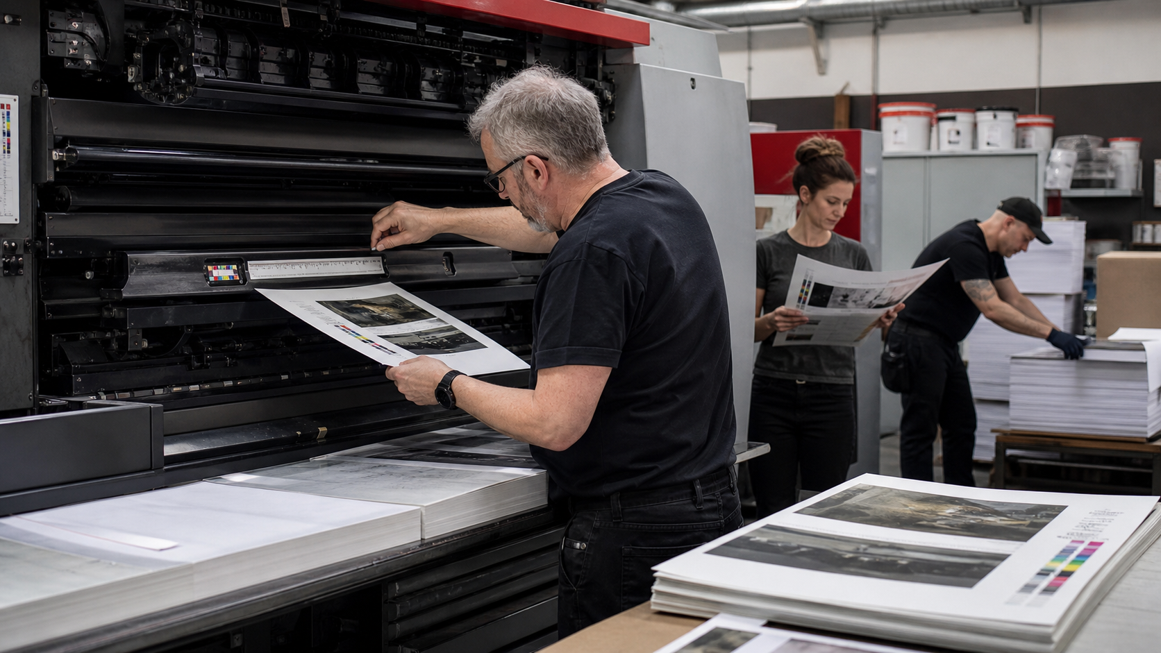 Production print operator inspecting color output in a clean print environment.