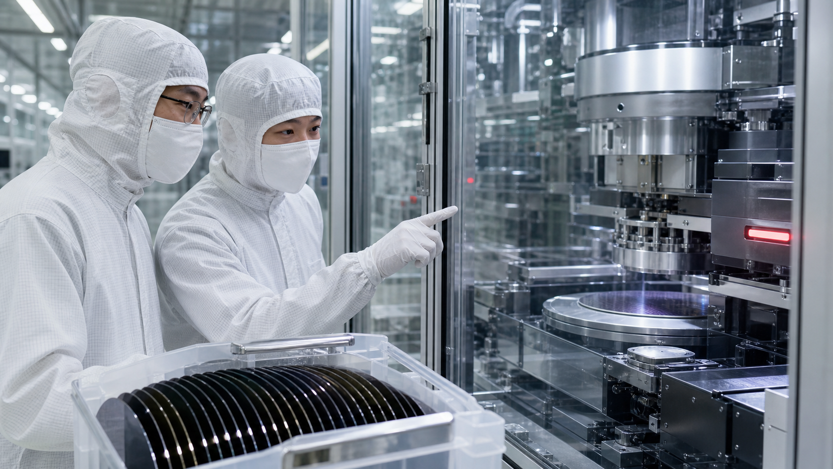 Semiconductor fabrication engineer inspecting precision lithography equipment in a cleanroom.