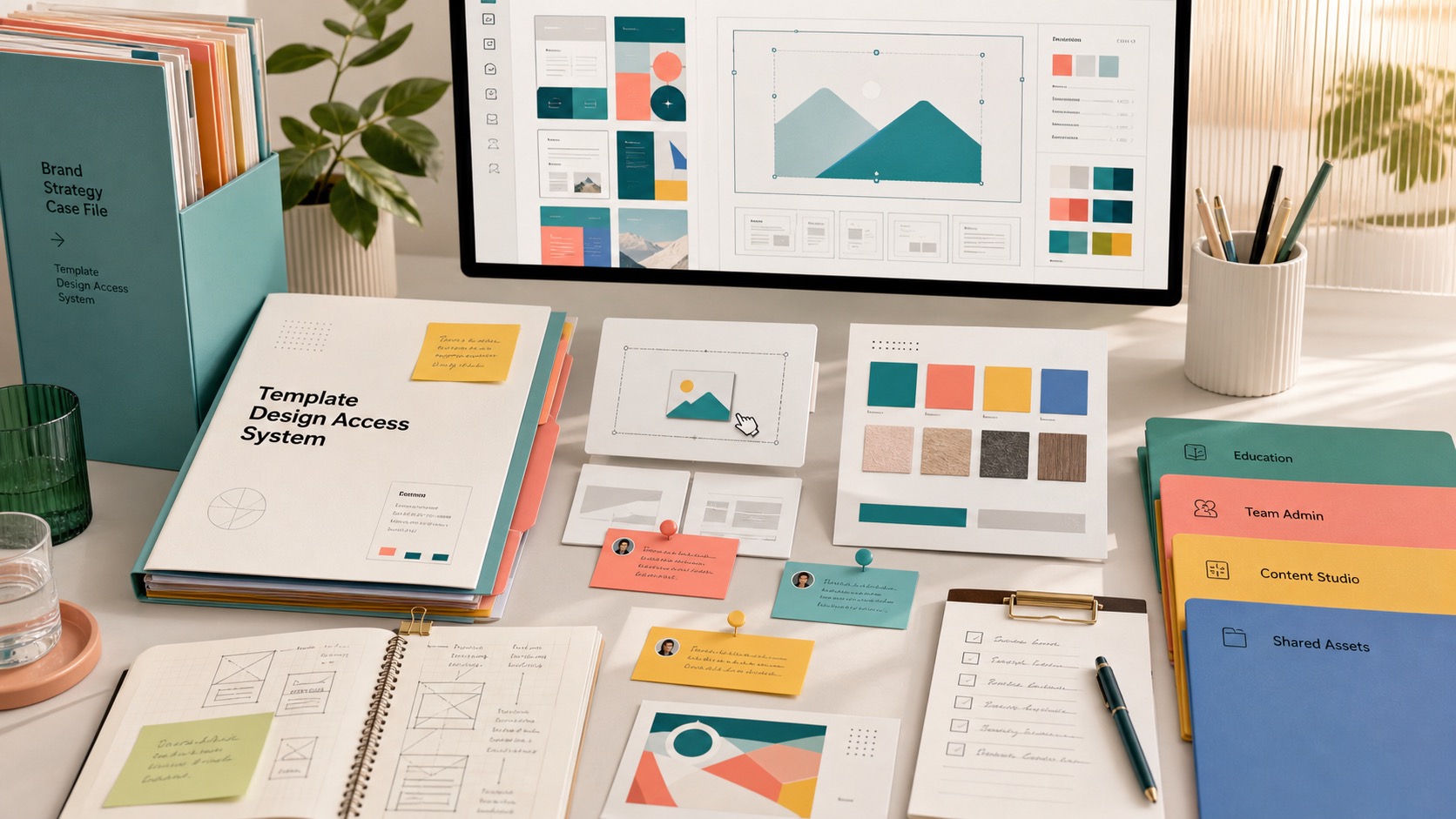 Premium editorial archive still-life of a Canva template design access case with source-mark card, modular template thumbnails, editor wireframe cards, brand-kit swatches, collaboration pins, education folder tabs, and publishing checklist