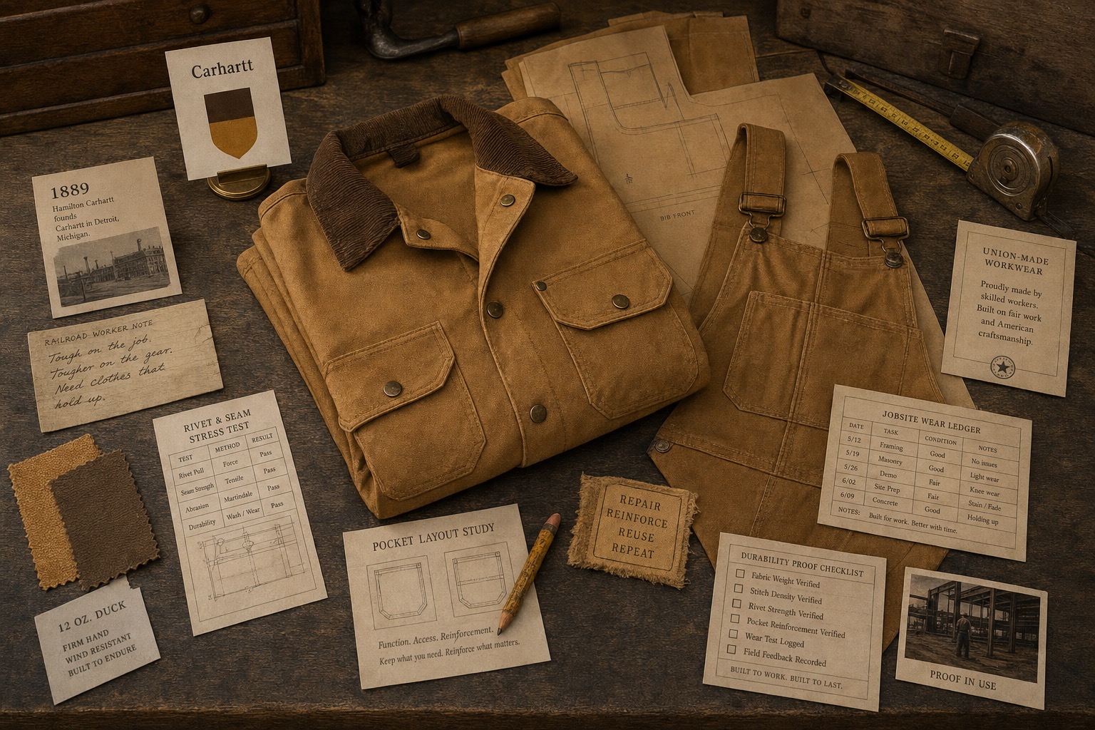 Premium editorial archive still-life of a Carhartt duck workwear proof system case with a source-mark card, tan duck canvas jacket, bib overall pattern, fabric swatches, seam tests, pocket study, repair tag, and jobsite wear ledger