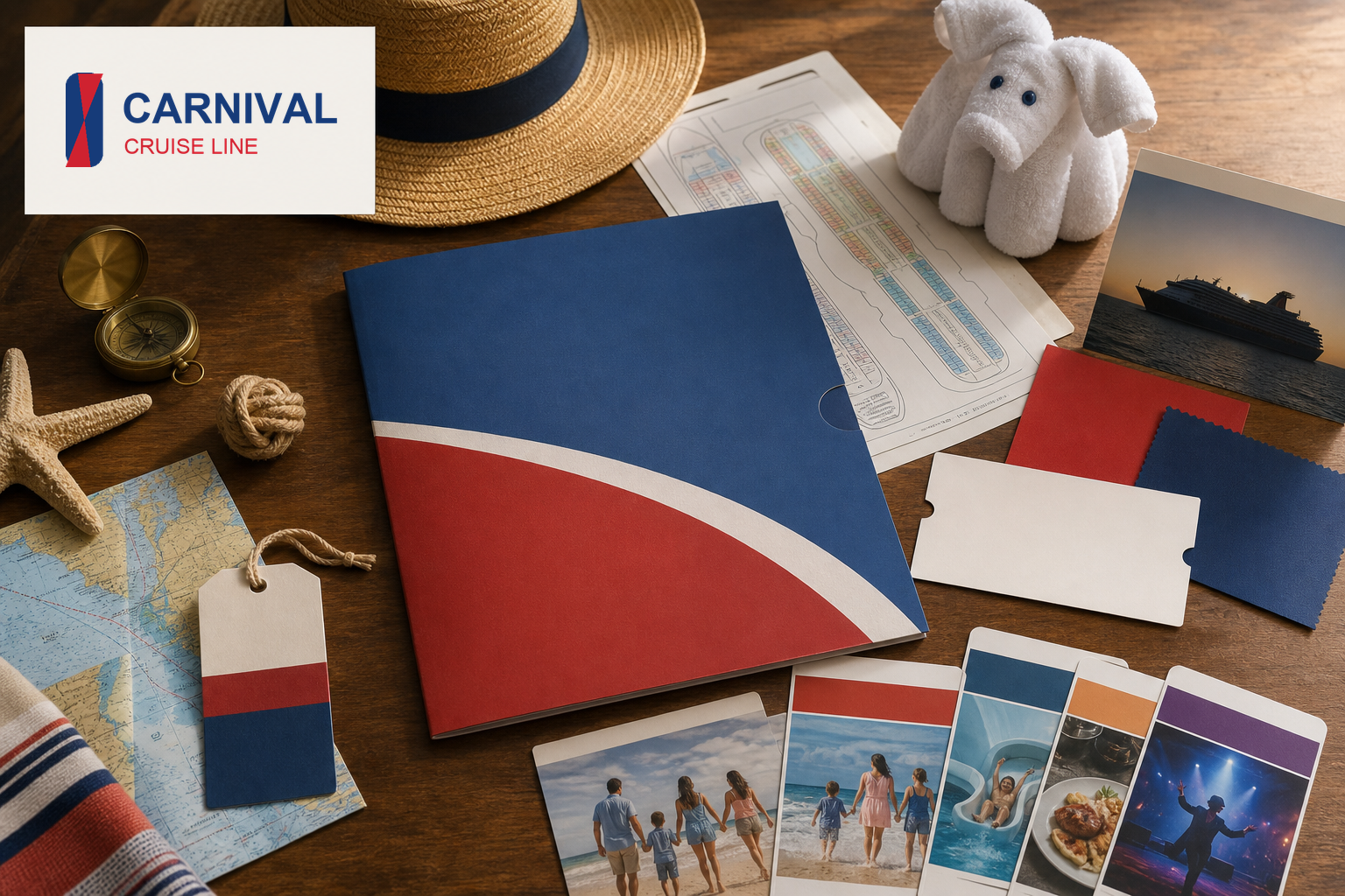 Premium editorial archive still-life of a Carnival Cruise Line vacation case with Carnival editorial source-mark card, itinerary folder, boarding card, deck plan, luggage tag, port map, towel animal, color swatches, activity cards, and family travel photos