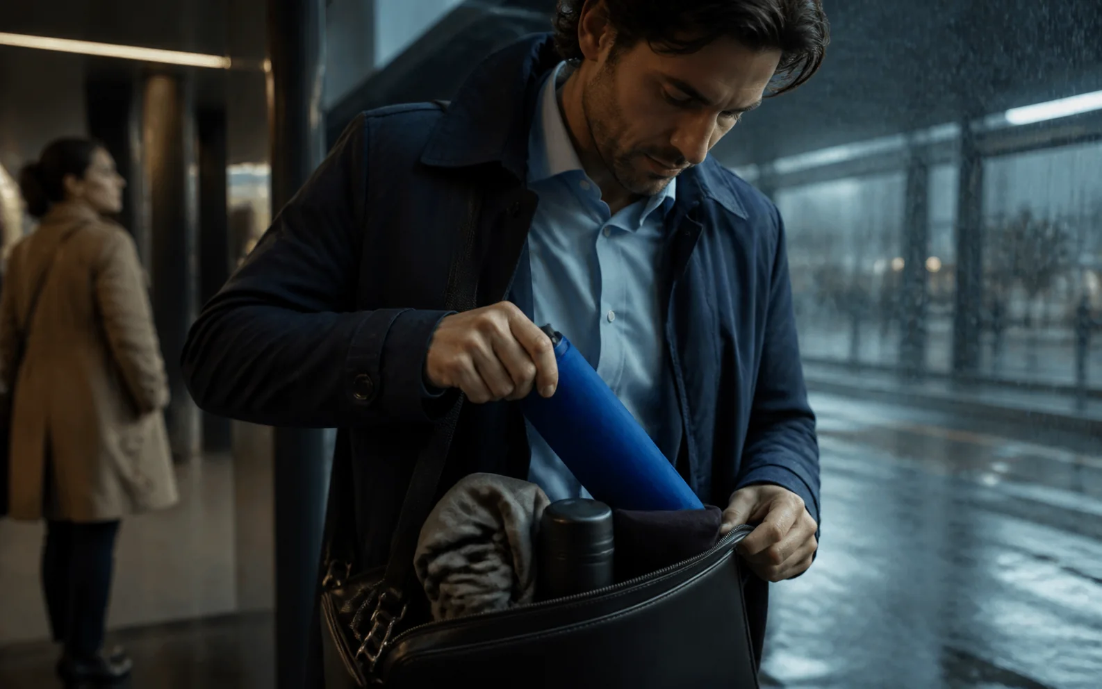 Commuter reaching for one distinctive unmarked item when sudden rain creates an immediate need.