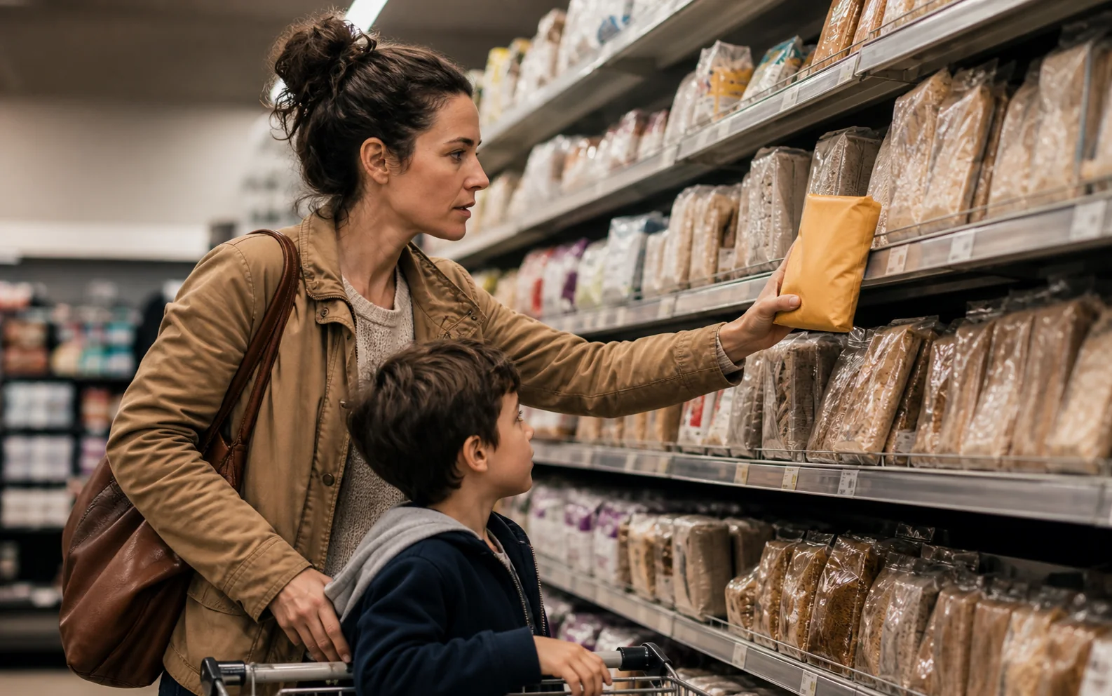 Parent choosing one distinctive unmarked package when a school-lunch need appears in a grocery aisle.