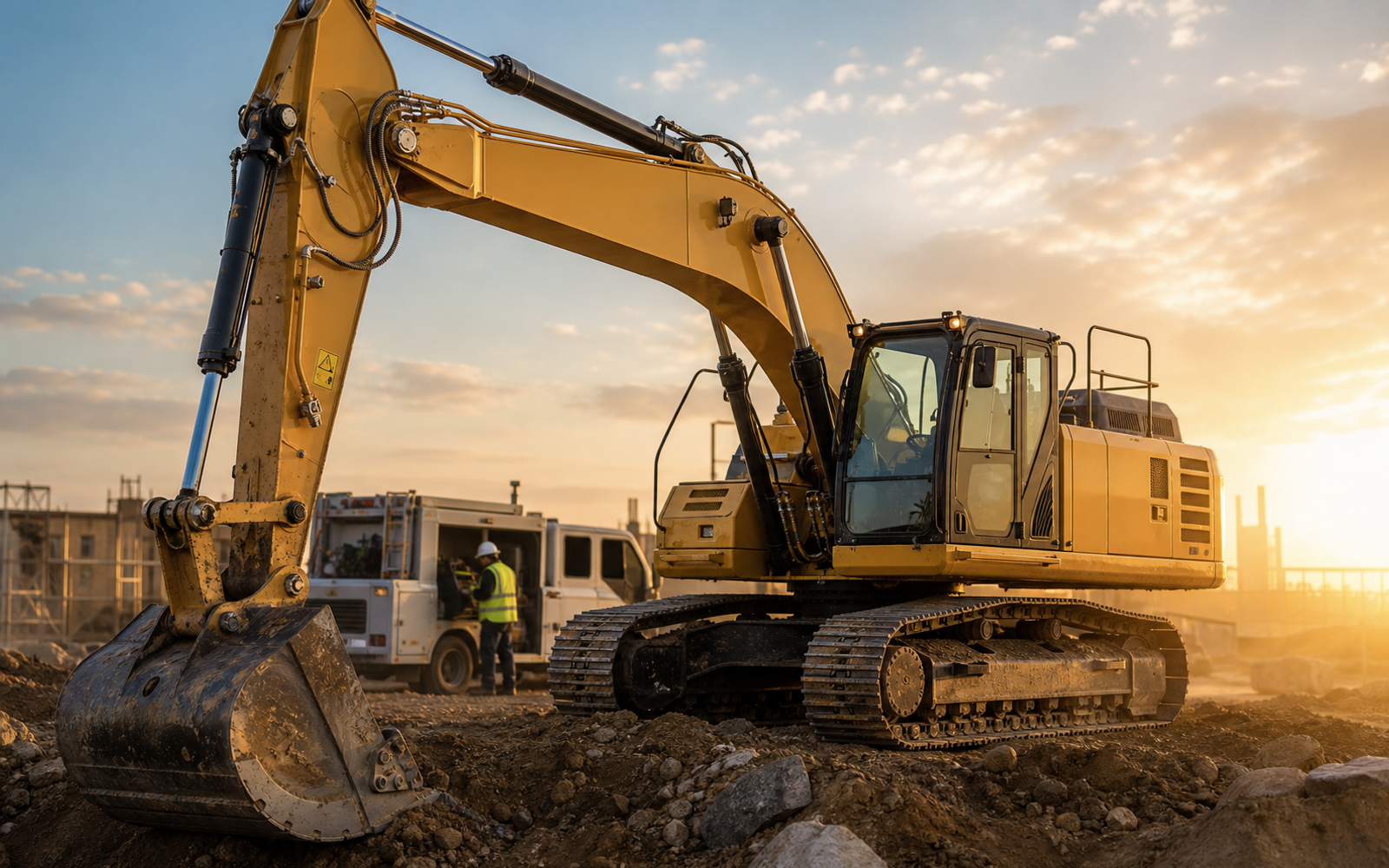 Yellow excavator at a construction site with service and field-recognition cues.