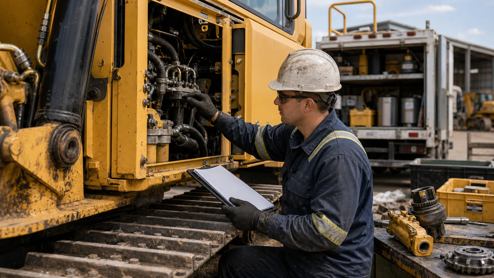 Technician inspecting hydraulic systems on yellow heavy equipment.