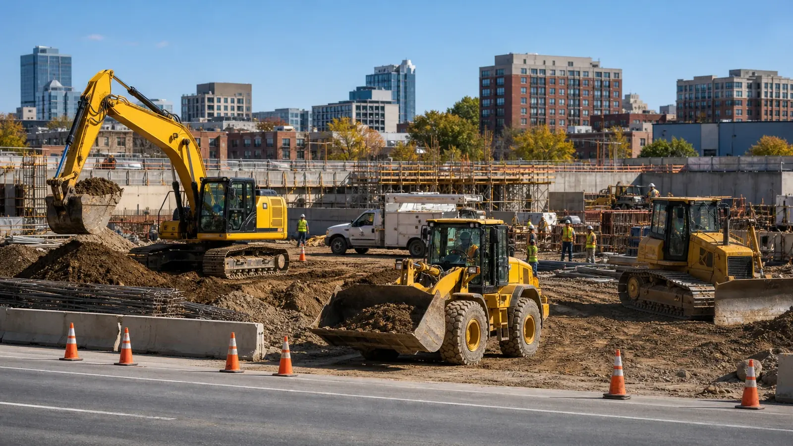 Multiple yellow machines visible across a construction site.