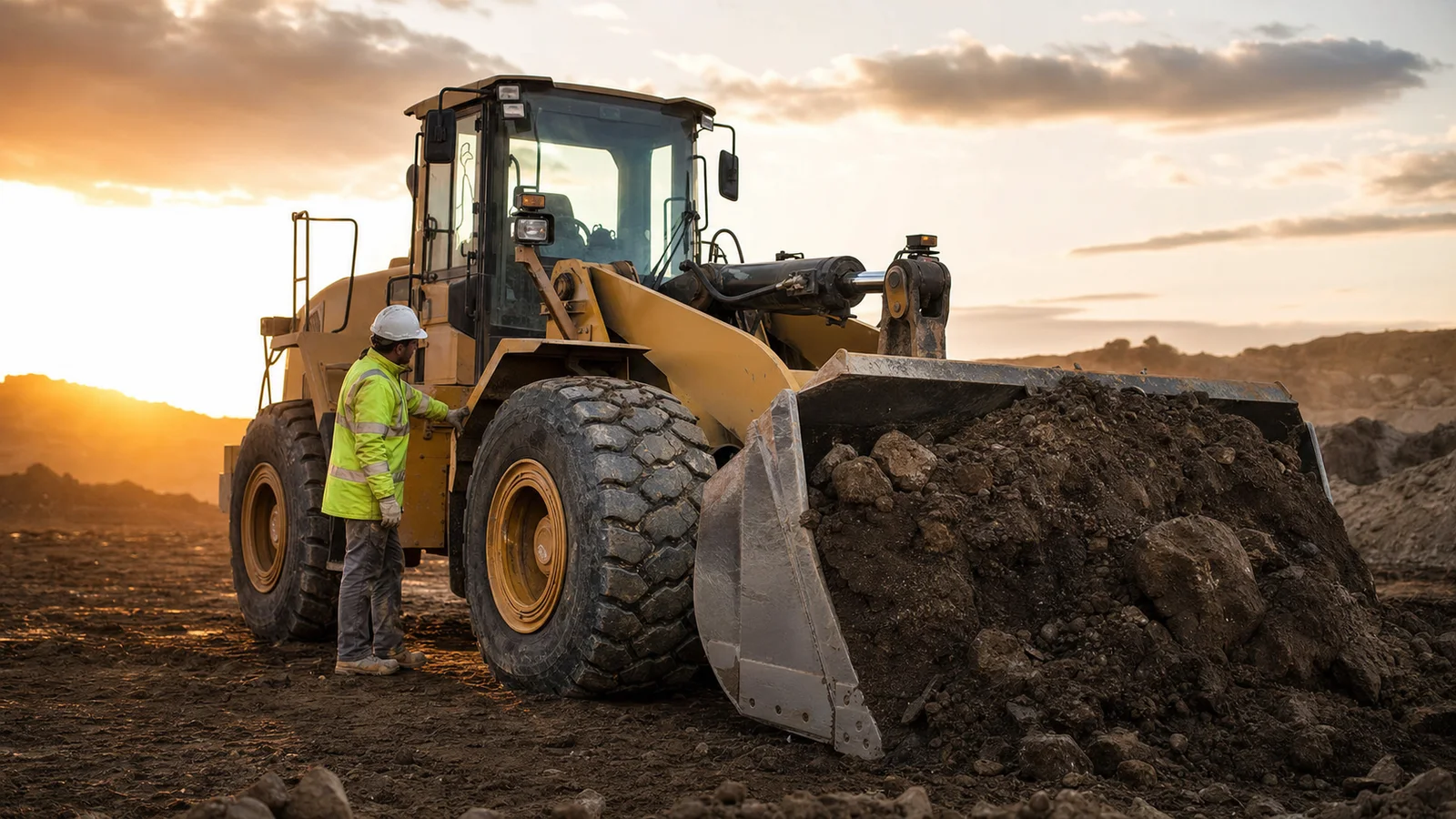 Construction operator working beside a large yellow wheel loader on an active earthmoving site.