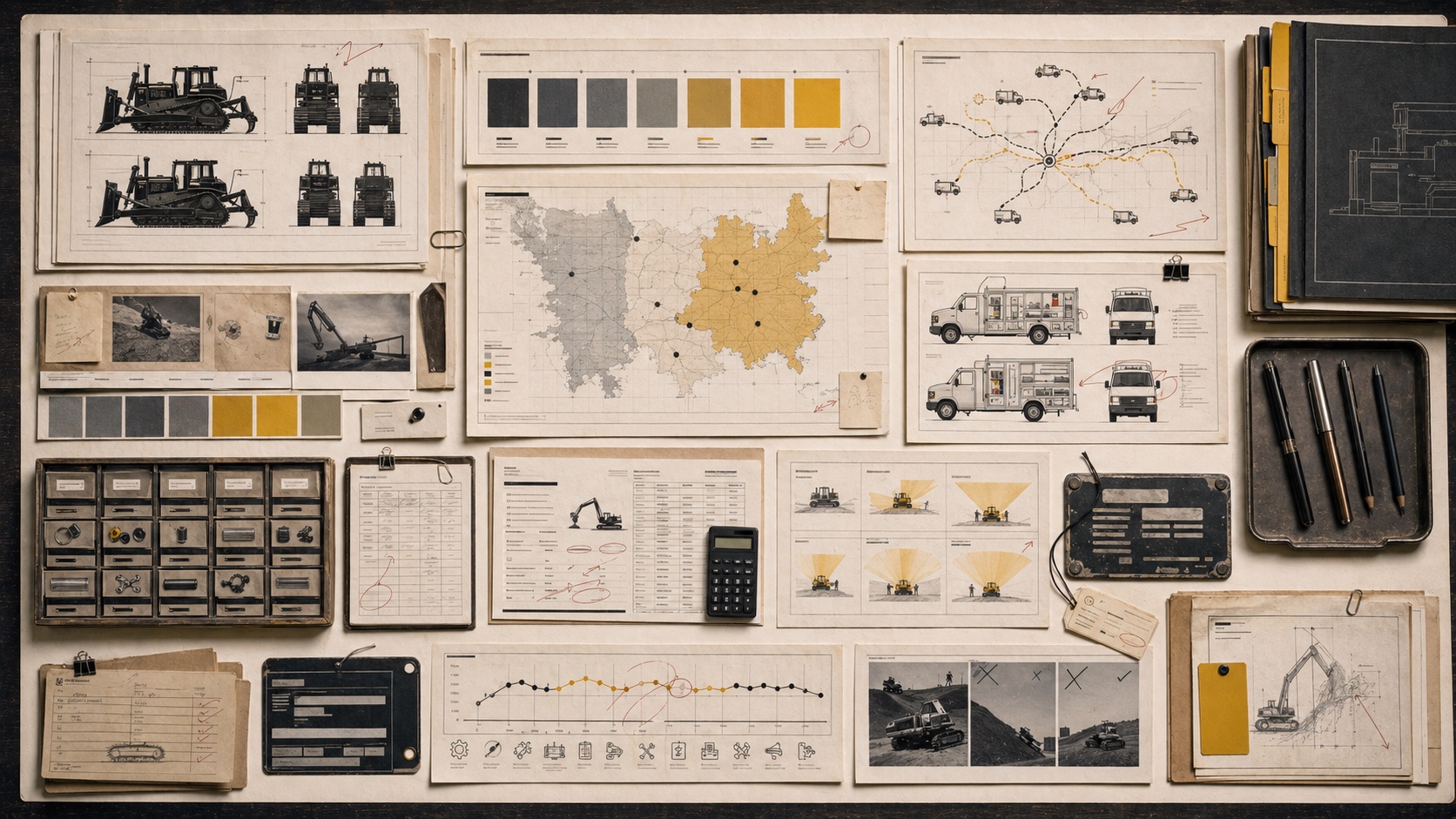 Premium editorial archive still-life of construction-equipment silhouettes, yellow paint swatches, dealer territory maps, service-truck routes, parts drawers, maintenance records, and reliability timelines