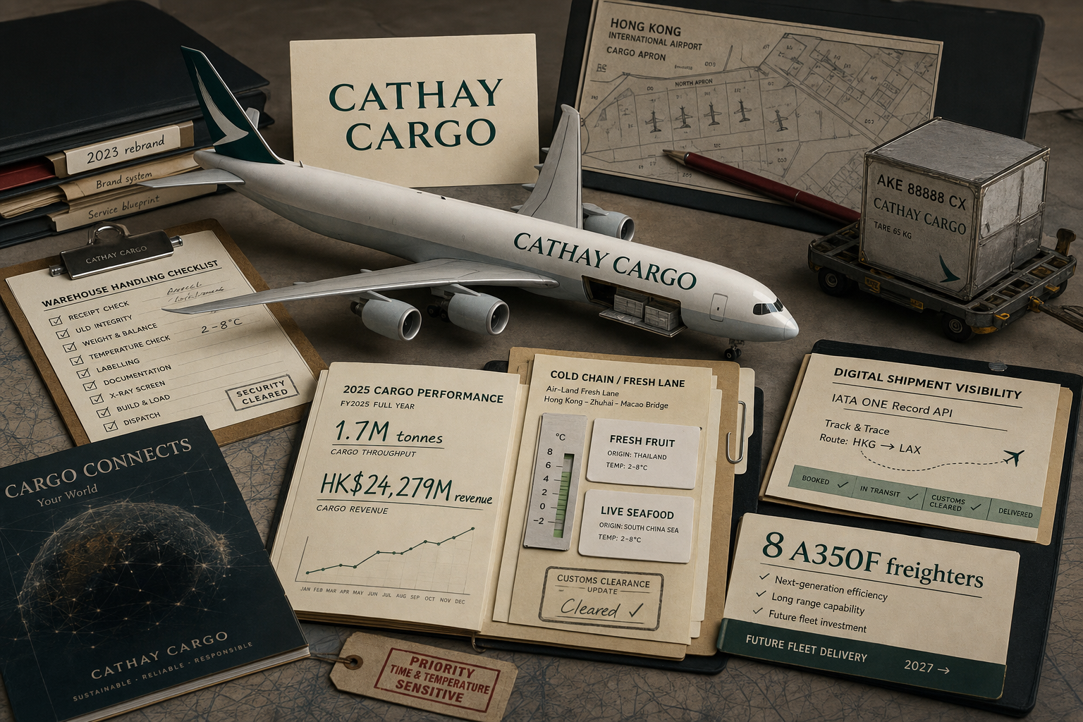 Premium AI-generated archive-table still-life for the Cathay Cargo case with Cathay Cargo source-card, widebody cargo freighter, Hong Kong International Airport cargo apron plan, ULD dolly, handling checklist, 2023 rebrand tabs, 2025 cargo performance ledger, cold-chain file, digital shipment visibility card, customs clearance note, and eight A350F freighter card