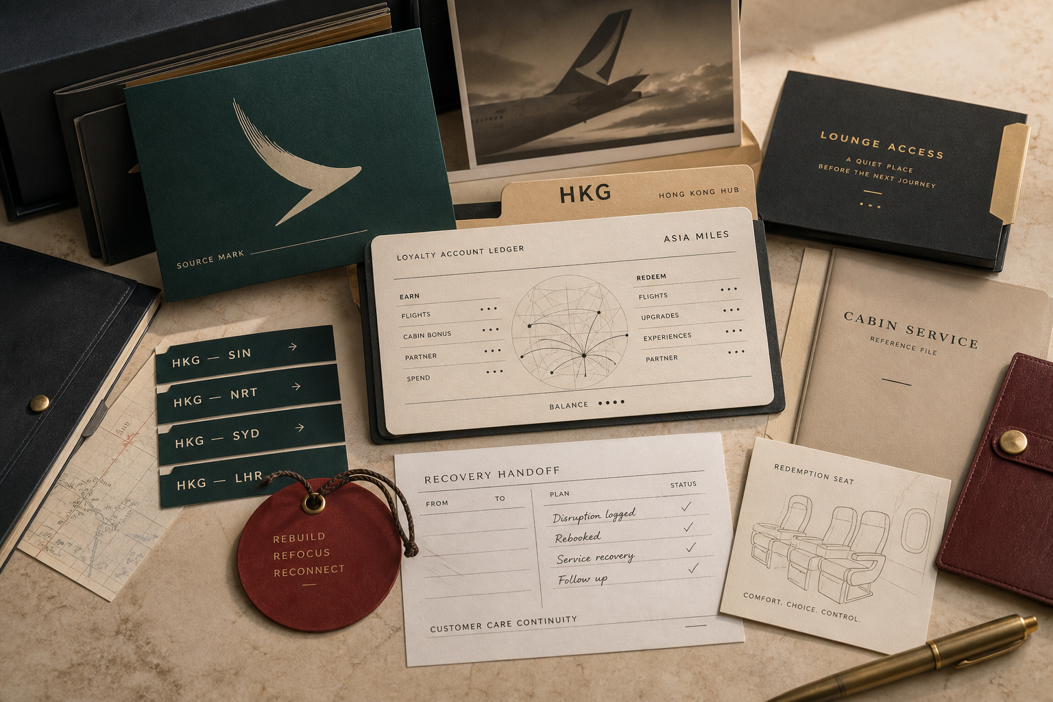 Premium editorial archive still-life for the Cathay Pacific case with HKG route tabs, Asia Miles account ledger, lounge access folder, cabin service file, redemption seat note, recovery handoff sheet, and jade source-mark card
