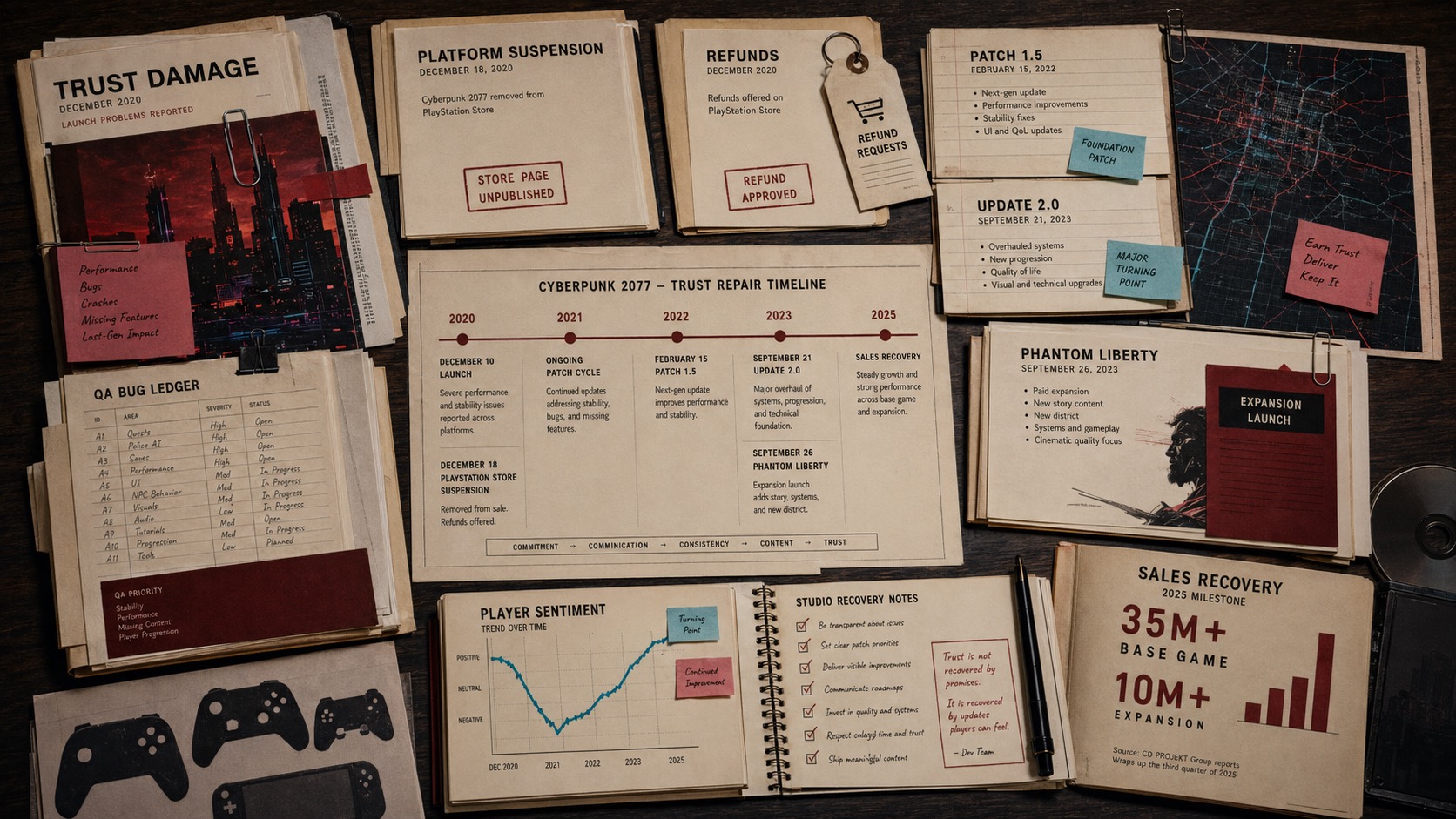 Premium editorial archive still-life of a gaming trust-repair case board with platform suspension files, refund forms, patch roadmap, player sentiment chart, Phantom Liberty notes, and sales recovery dashboard