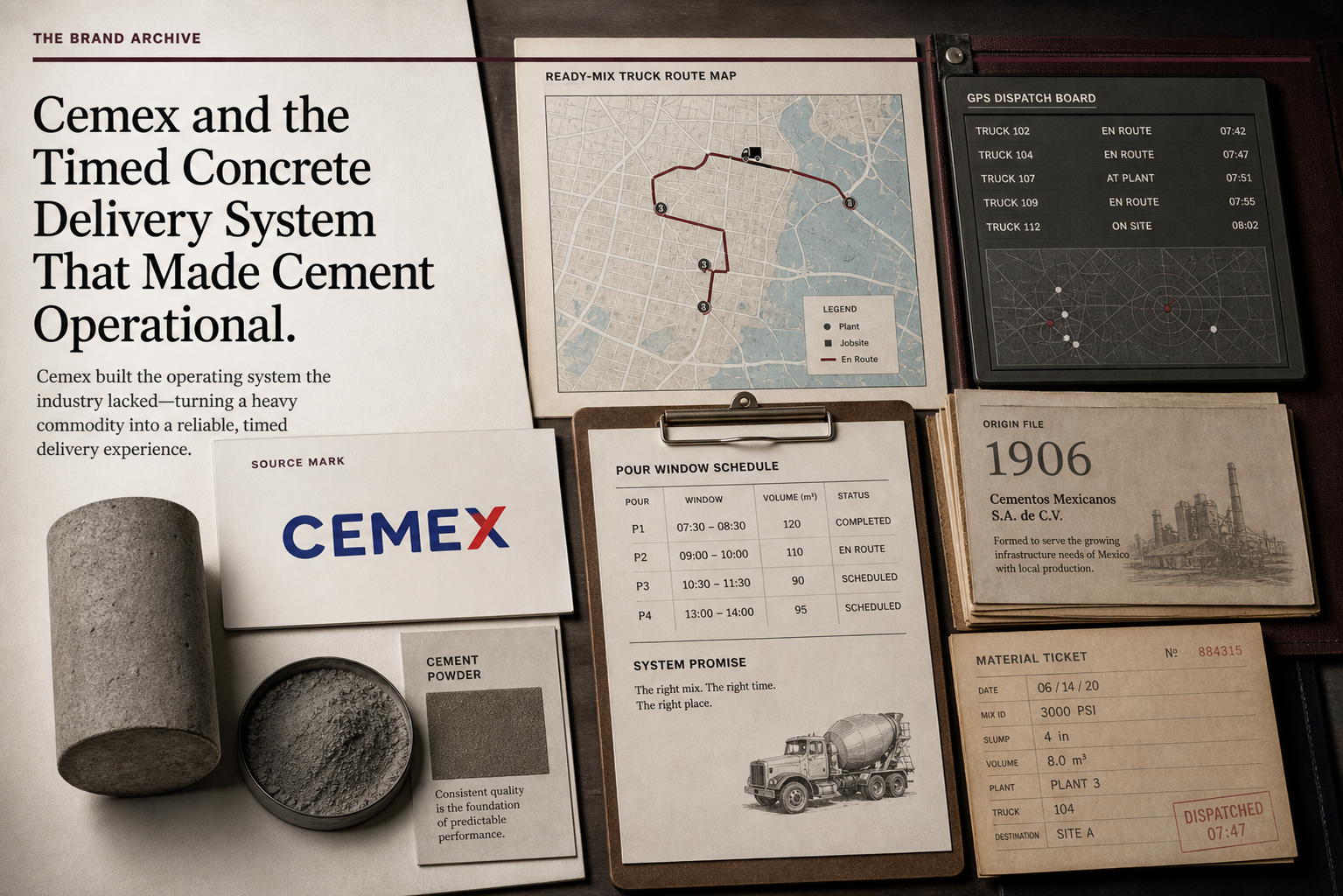 Premium editorial archive still-life of a Cemex timed concrete delivery case with source-mark card, concrete cylinder, cement powder sample, ready-mix route map, GPS dispatch board, pour-window schedule, and 1906 origin file