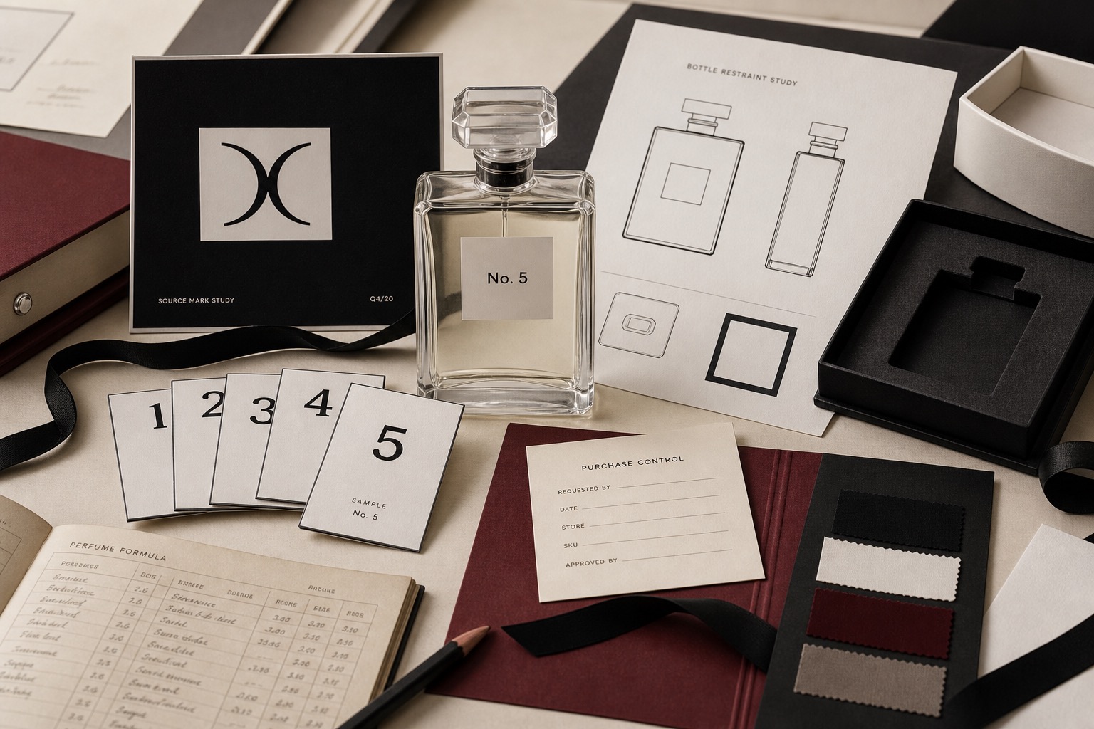 Premium editorial archive still-life of a Chanel No. 5 restraint system case with a rectangular perfume bottle, No. 5 label, black-and-white source-mark card, numbered sample cards, bottle study sheet, ribbon, swatches, and purchase-control card