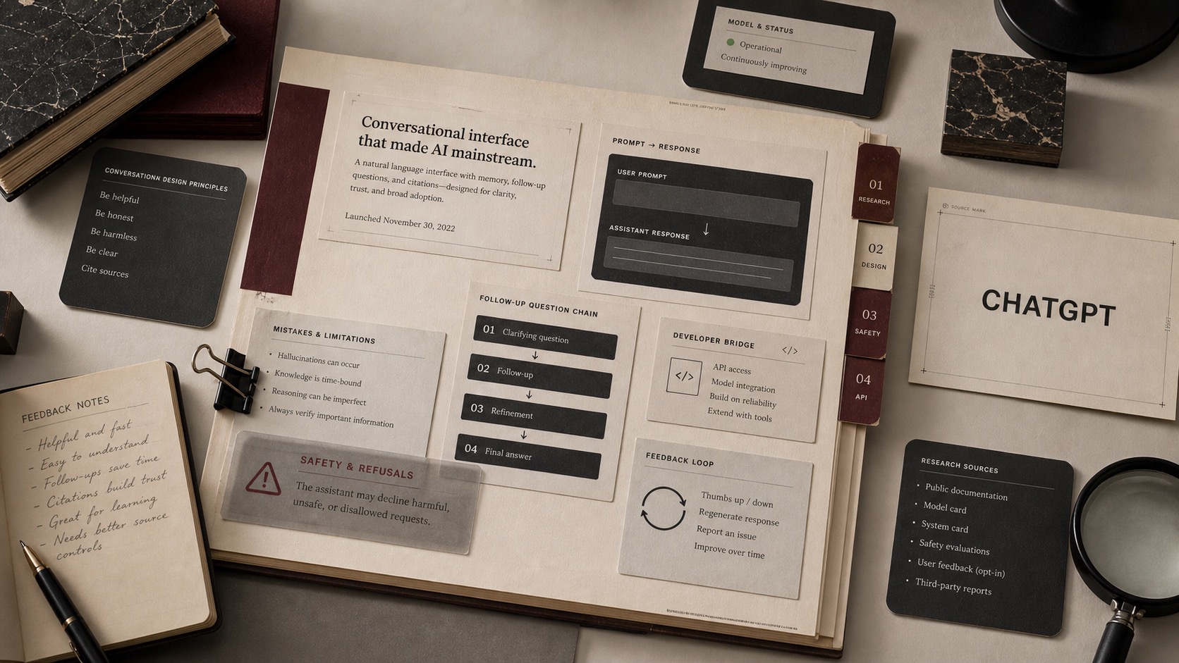 Premium editorial archive still-life of a ChatGPT conversational interface case with a ChatGPT source-mark card, prompt response cards, follow-up question chain, feedback notebook, and safety refusal strip