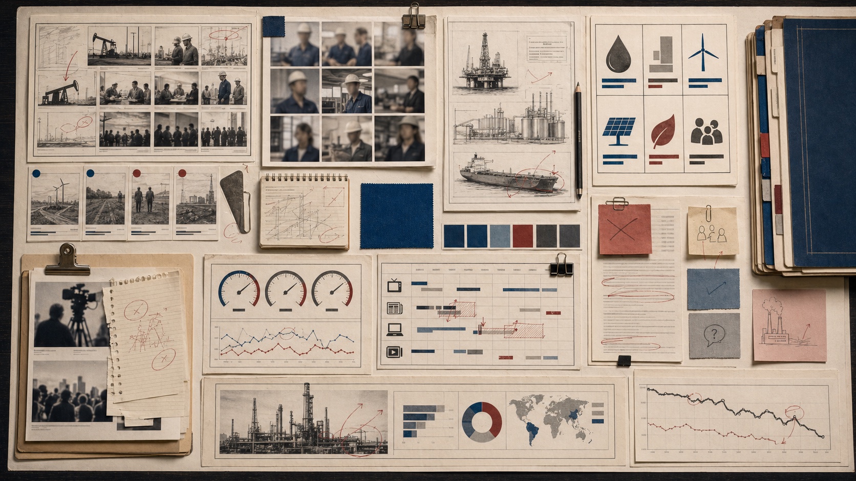 Premium editorial archive still-life of corporate energy-campaign storyboards, anonymous employee contact sheets, oilfield diagrams, renewable option cards, public-opinion gauges, and criticism-response notes
