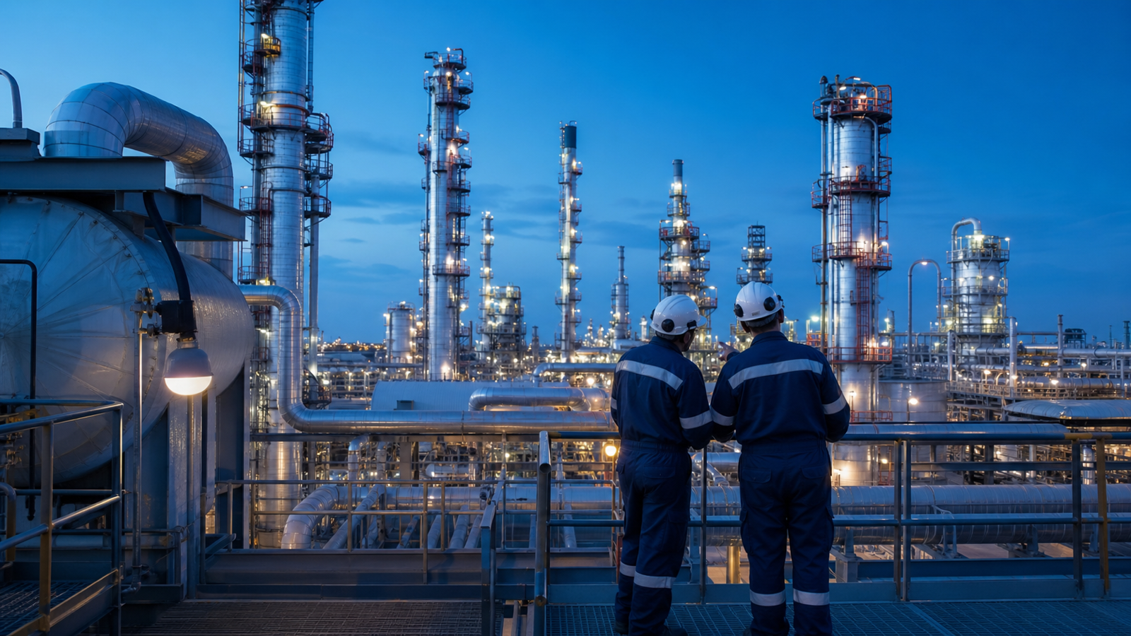 A modern refinery complex at blue hour with maintenance crew for scale.