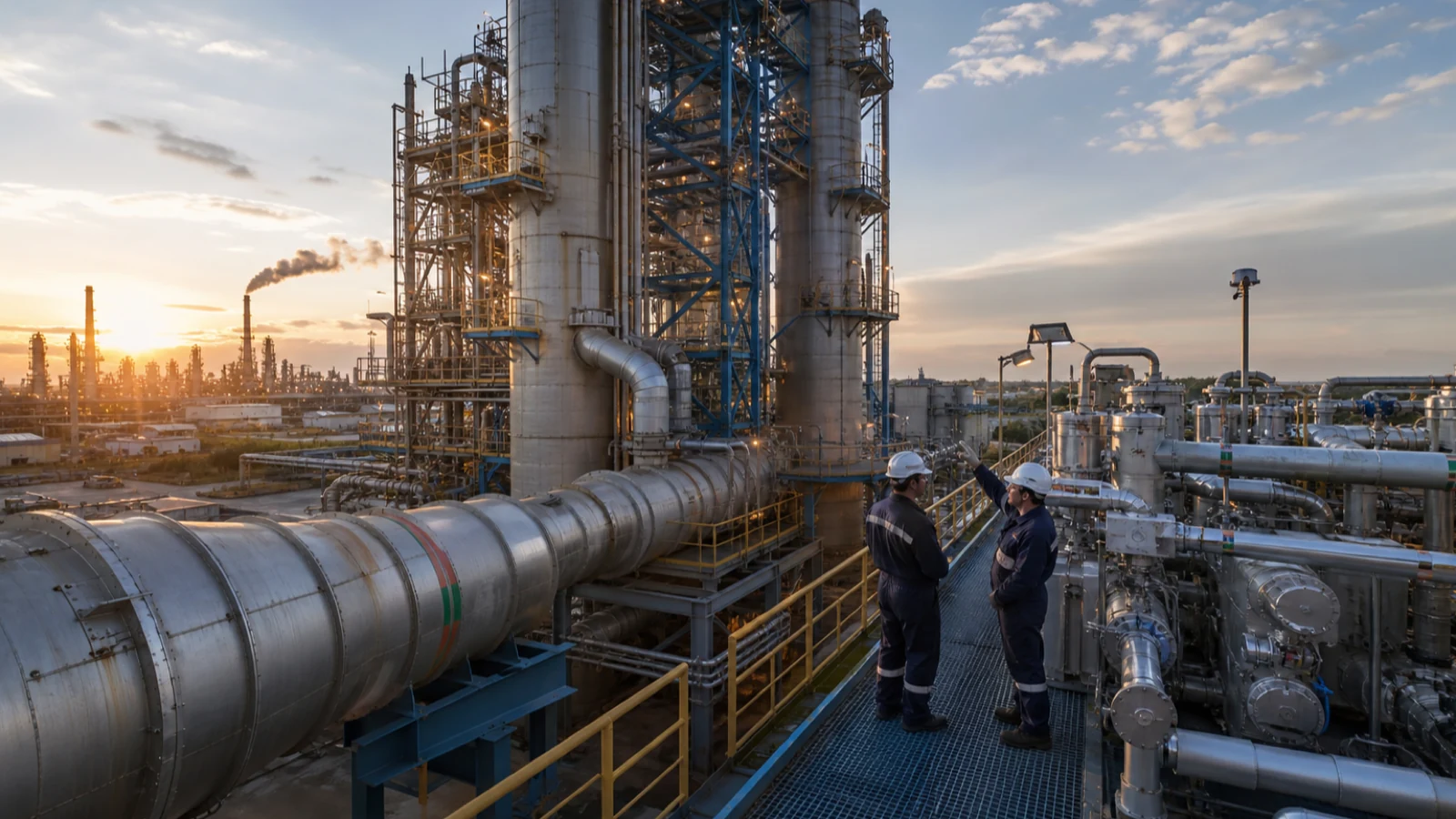 Engineers inspecting carbon-capture towers, compressors and connected industrial piping.
