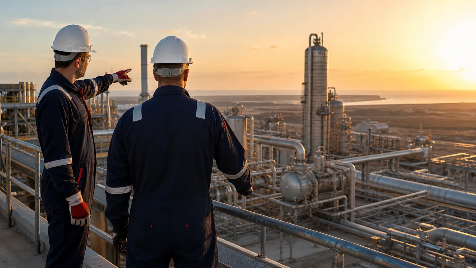 Field engineers inspecting a large upstream energy facility at golden hour.