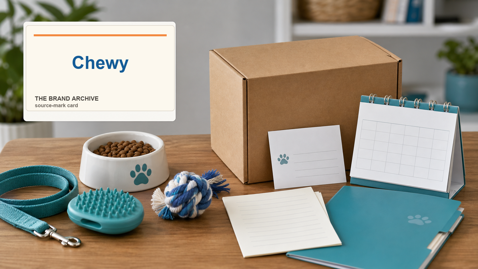Premium editorial archive still-life of a Chewy autoship pet care case with Chewy source-mark card, plain shipping box, pet food bowl, autoship calendar, paw-print card, pharmacy folder, customer service note, toy, leash, grooming brush, and color swatches