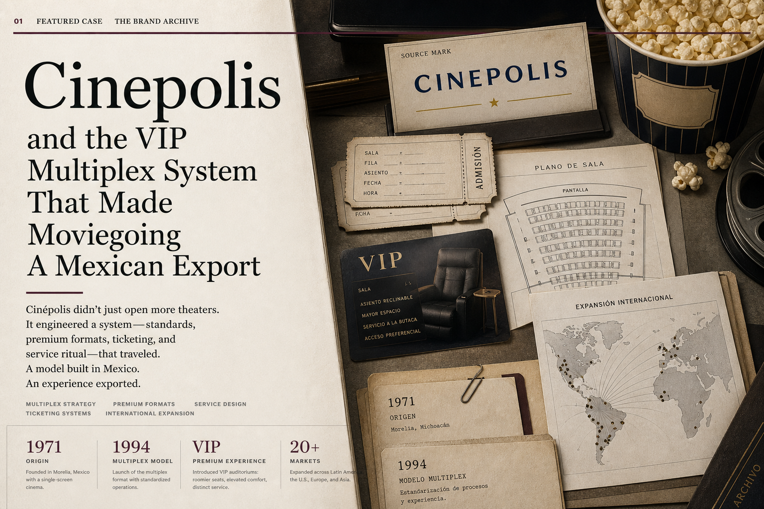 Premium editorial archive still-life of a Cinépolis VIP multiplex case with source-mark card, blank ticket stubs, popcorn tub, auditorium seating plan, VIP recliner card, expansion map, 1971 origin file, and 1994 multiplex note