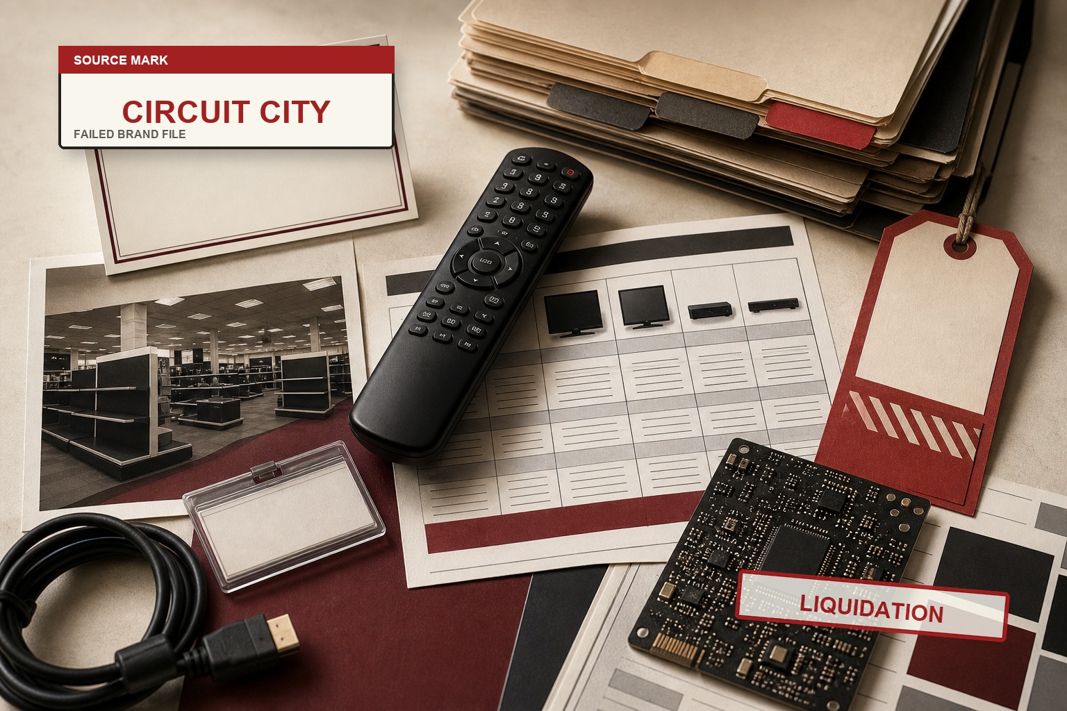 Premium editorial archive still-life of a Circuit City failed-brand case with electronics shelf tag, TV remote, comparison chart, store-closing sign, vendor-credit note, and liquidation ledger