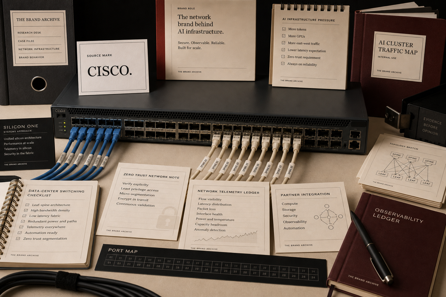 Premium editorial archive still-life of a Cisco network trust case with Cisco source-mark card, rack switch, patch cables, topology cards, security note, telemetry ledger, AI cluster traffic map, and partner integration cards