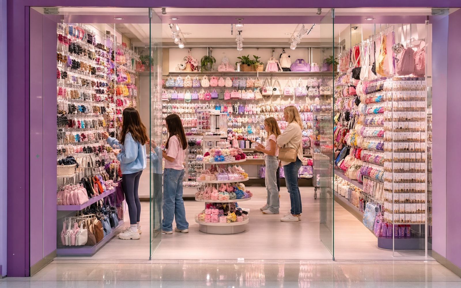 A logo-free purple mall accessories storefront with dense jewelry merchandising and family shoppers.