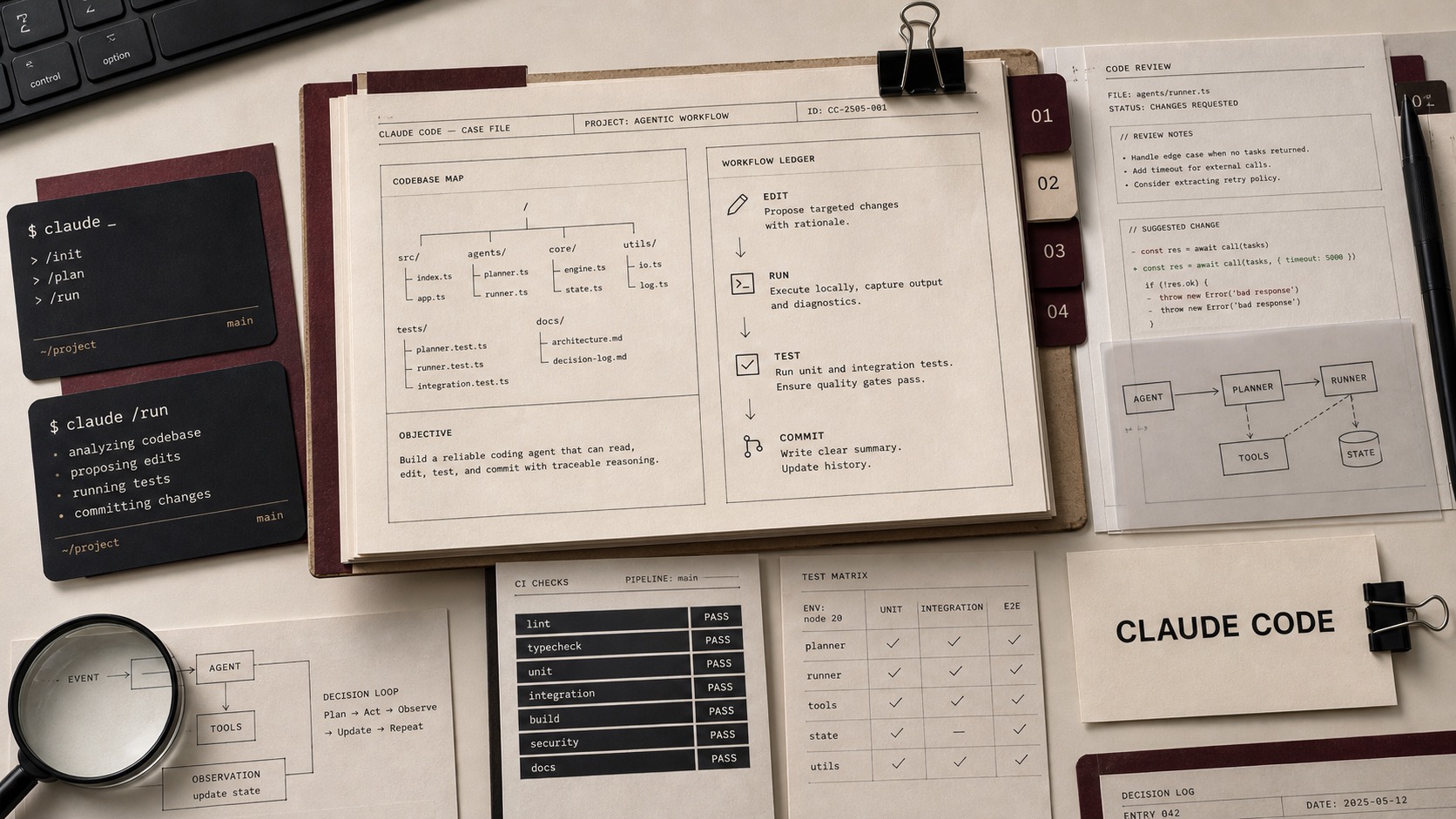 Premium editorial archive still-life of a Claude Code agentic coding case with a Claude Code source-mark card, terminal prompt cards, codebase map, test ledger, and commit workflow notes