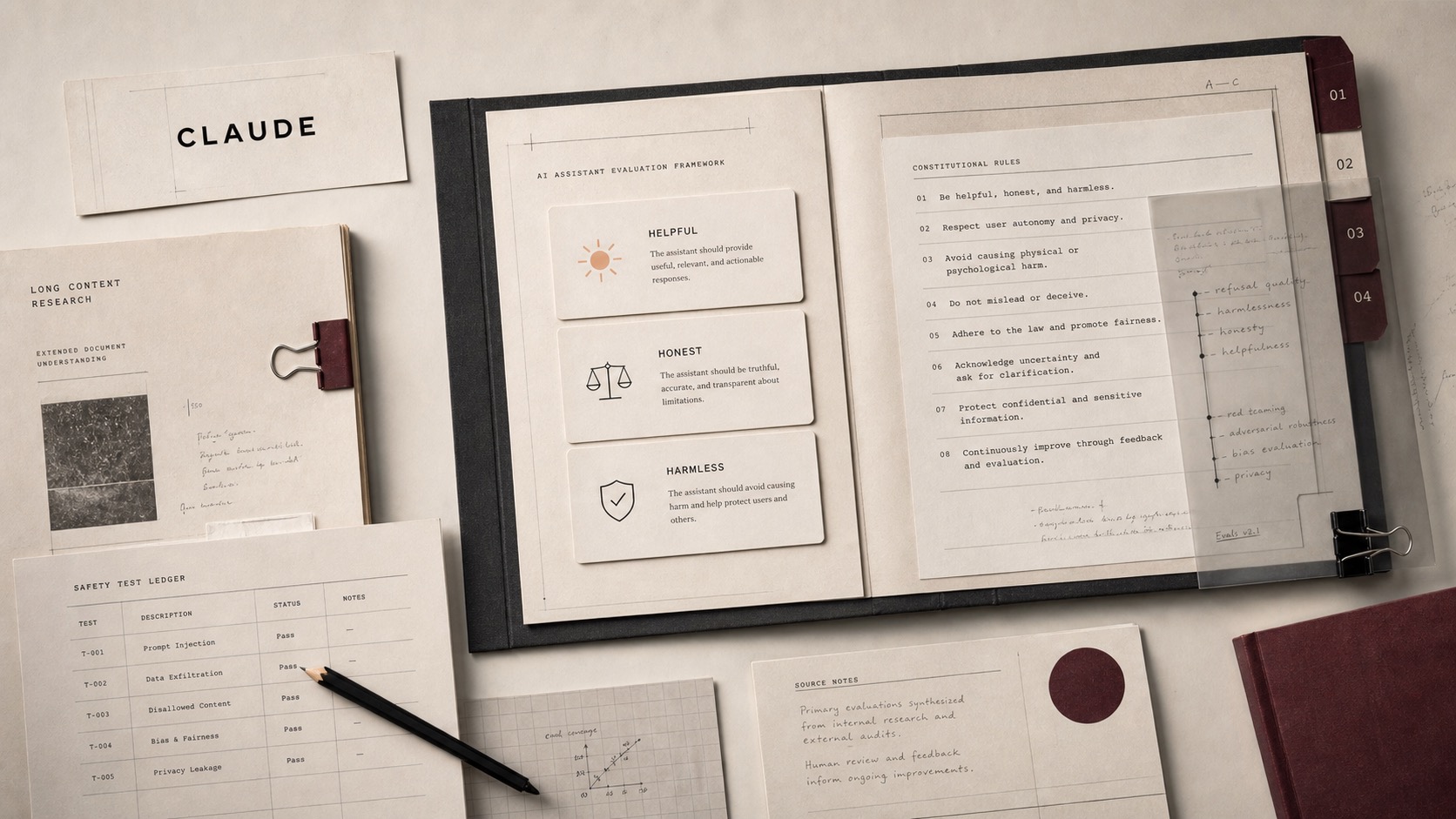 Premium editorial archive still-life of a Claude AI assistant case with a Claude source-mark card, helpful honest harmless evaluation cards, long-context document stack, safety ledger, and constitutional rules sheet