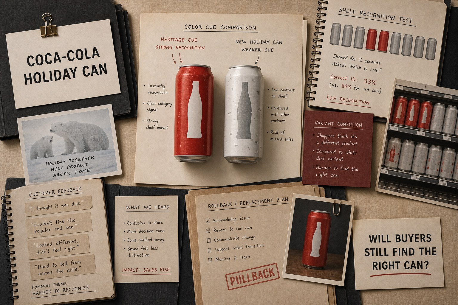 Premium editorial archive still-life of a Coca-Cola white holiday can packaging case with Coca-Cola source-mark card, rights-safe red and white can silhouettes, shelf recognition test, variant confusion note, polar bear campaign card, customer complaint notes, and pullback folder