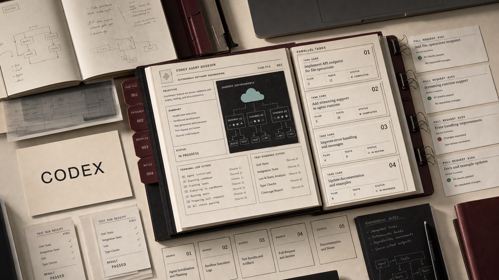 Premium editorial archive still-life of a Codex software engineering agent case with a Codex source-mark card, parallel task cards, GitHub pull request strips, sandbox environment map, and test evidence sheets