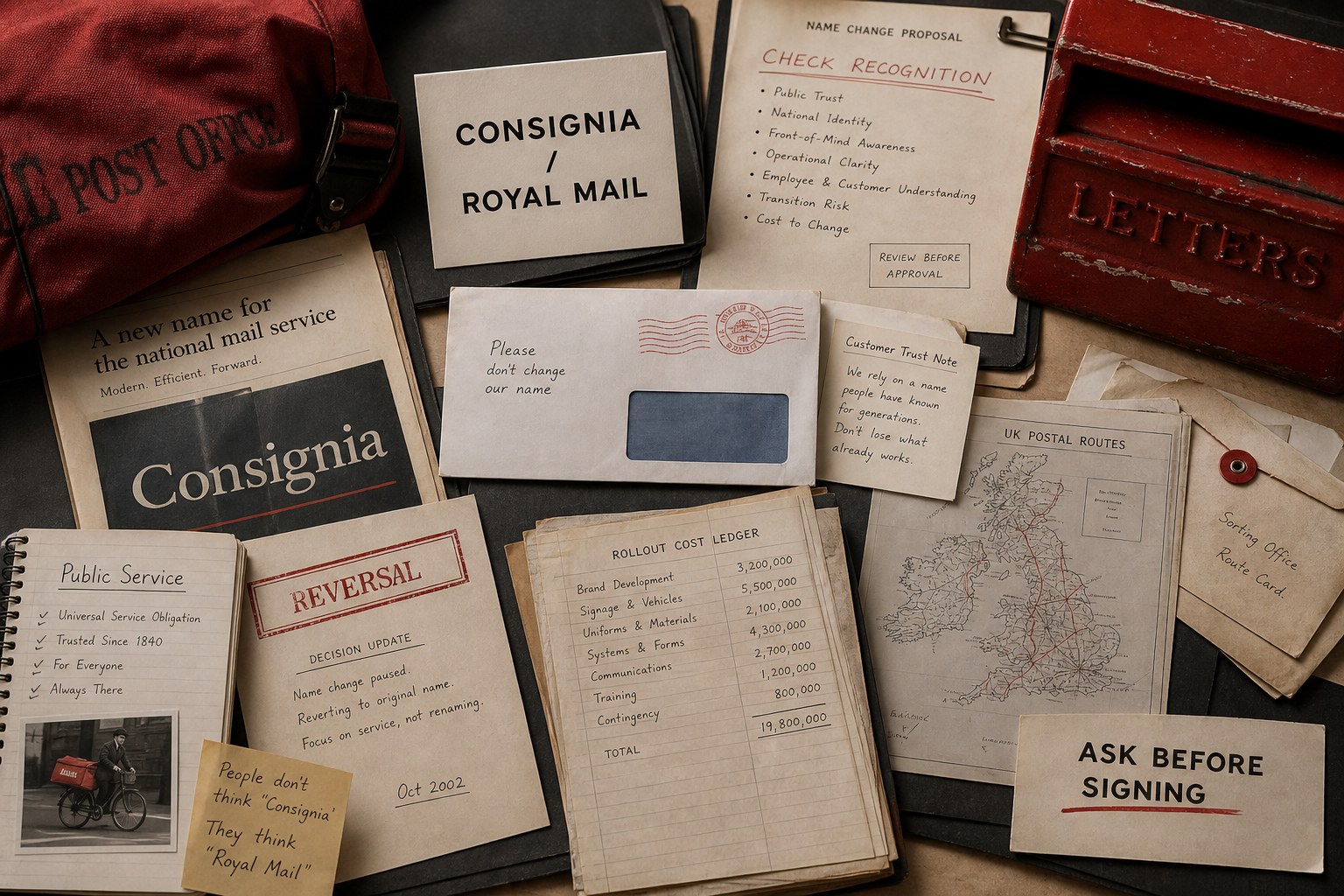 Premium editorial archive still-life of a Consignia and Royal Mail name reversal case with source-mark card, red postal pouch, letter slot cue, stamped envelopes, route map, reversal stamp, rollout ledger, and agency proposal checklist