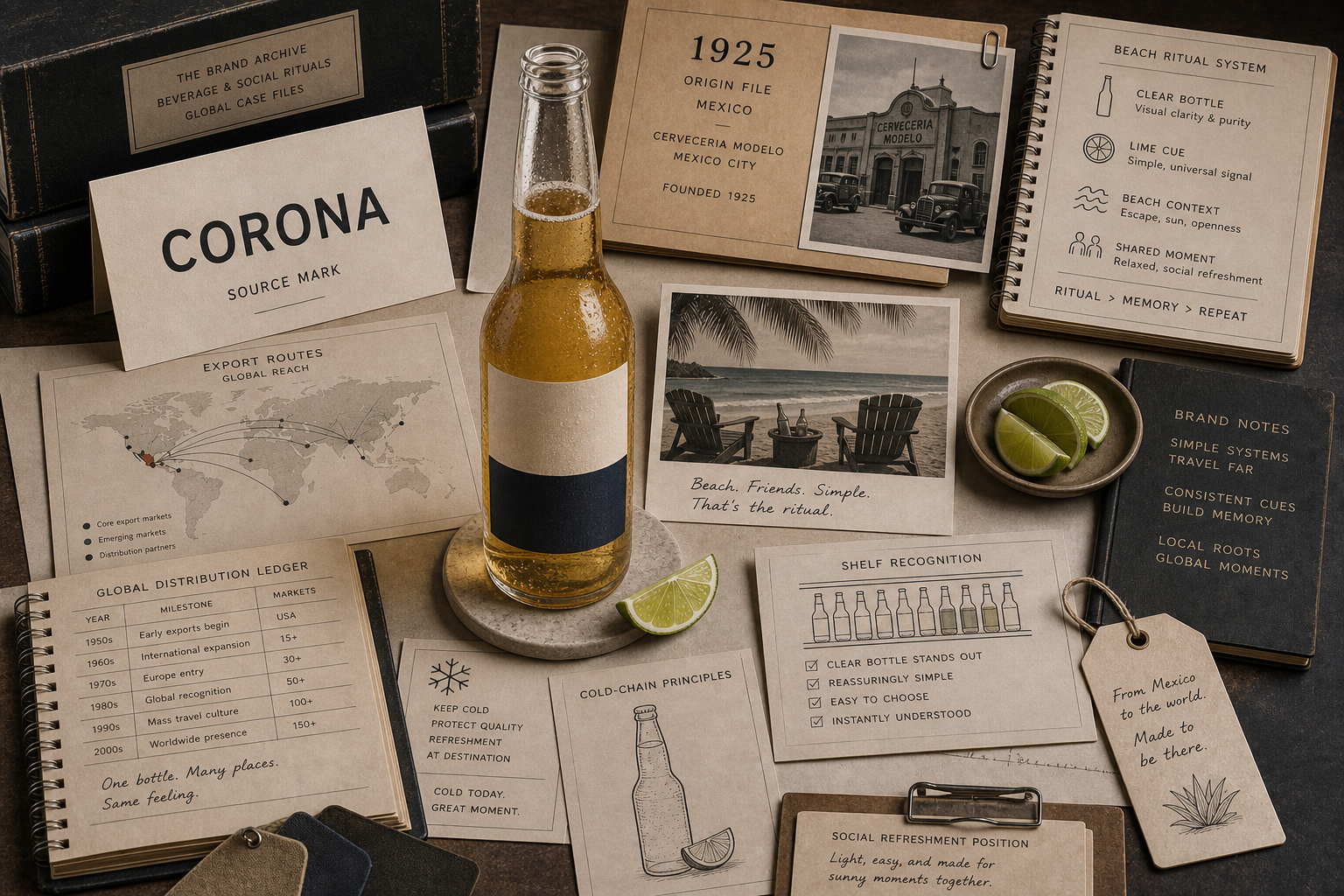 Premium editorial archive still-life of a Corona clear bottle beach ritual case with source-mark card, blank clear beer bottle, lime wedge, beach towel, export route cards, sunlit glass shadow, and retail cooler note