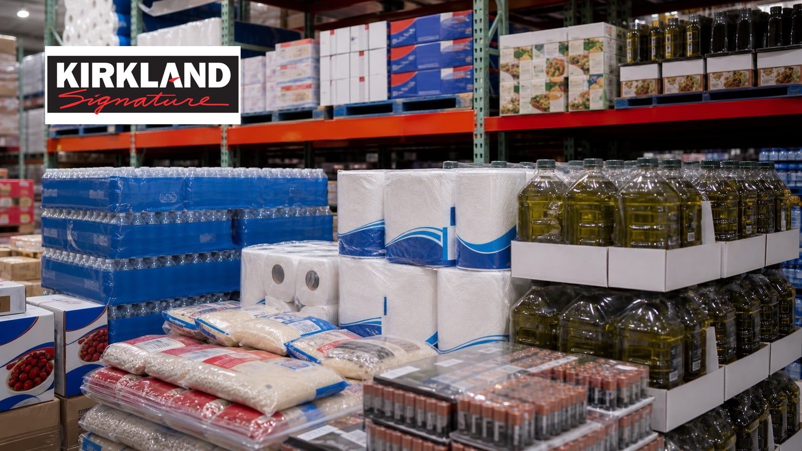 Bulk private-label grocery and household staples on a warehouse shelf.