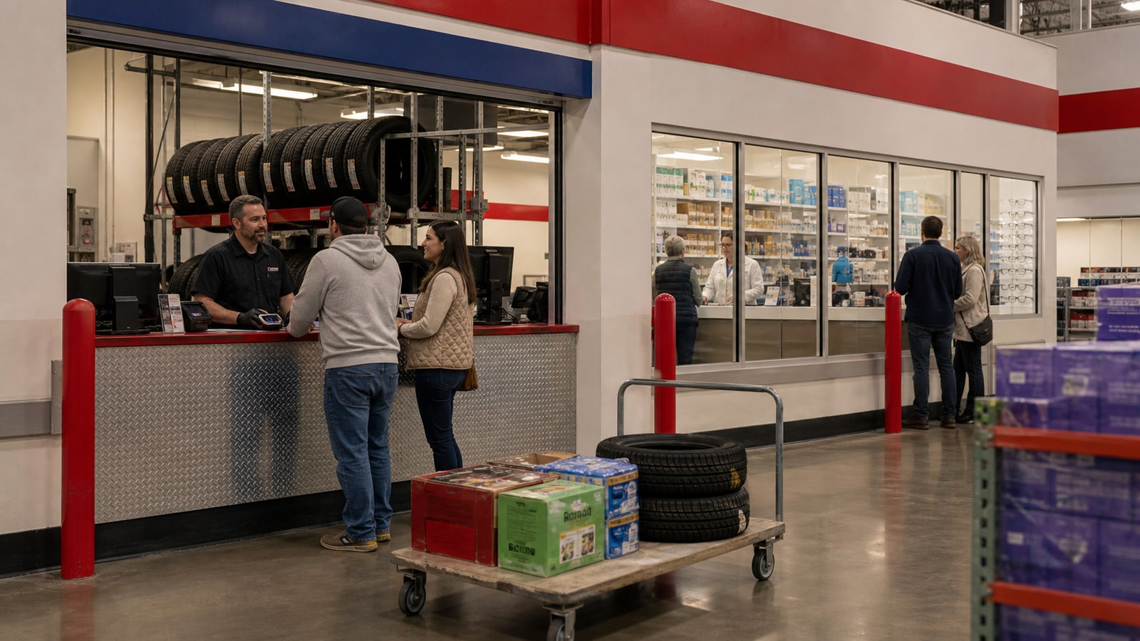 Membership warehouse services area with tire counter, pharmacy and optical windows, and flatbed cart.