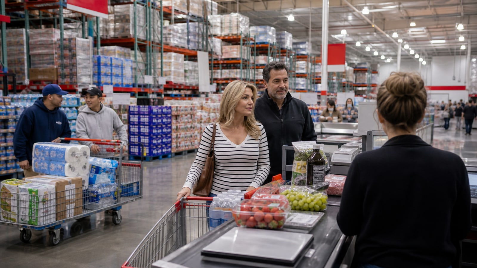 Membership warehouse checkout with flatbed carts and bulk products.