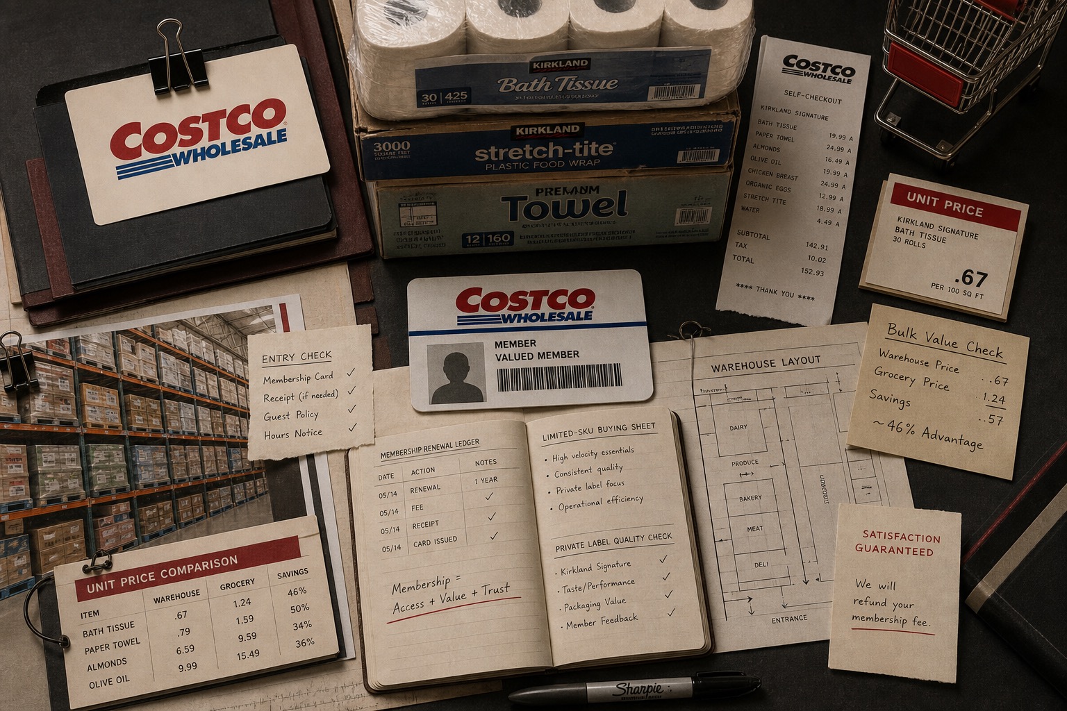 Premium editorial archive still-life of a Costco membership warehouse value case with a Costco source-mark card, central membership card, bulk packages, receipt strip, unit-price comparison, warehouse layout, renewal ledger, entry-check note, satisfaction guarantee card, and private-label quality checklist