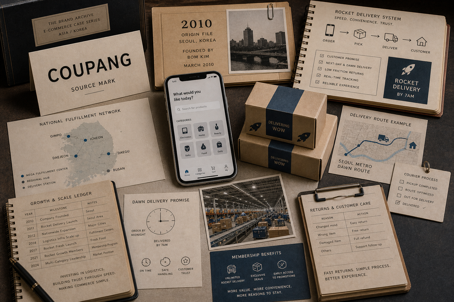 Premium editorial archive still-life of a Coupang Rocket Delivery case with source-mark card, parcel stack, route map, doorstep scan card, return label, membership token, grocery tote, and delivery clock