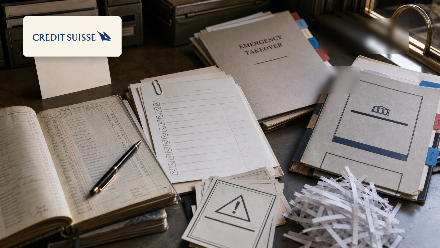 Premium editorial archive still-life of a Credit Suisse trust-collapse case with Credit Suisse source-mark card, old bank ledger, client trust checklist, risk warning cards, emergency takeover folder, UBS integration dossier, empty teller-window card, shredded paper strips, and fountain pen