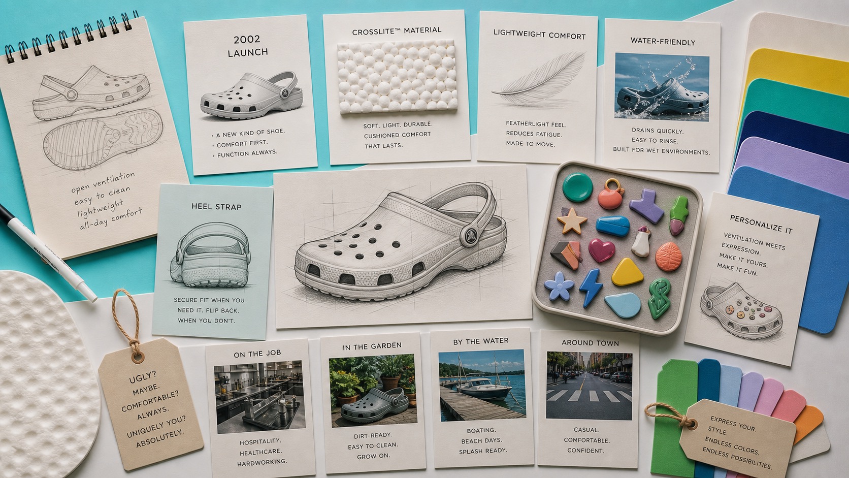 Premium editorial archive still-life of a Crocs Classic Clog comfort-customization case with perforated clog silhouette study, 2002 launch card, Croslite sample, comfort note, water-friendly test card, heel strap sketch, charm tray, use tags, and color swatches