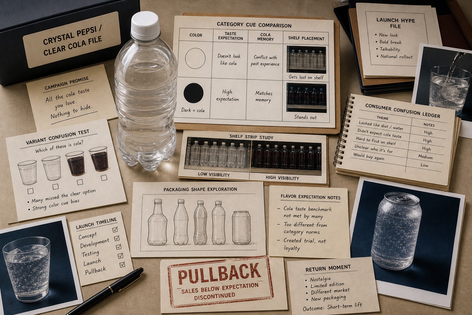 Premium editorial archive still-life of a Crystal Pepsi clear cola category cue case with source-mark card, clear cola bottle silhouette, dark cola comparison card, shelf strip, bottle shape studies, flavor expectation notes, launch hype folder, consumer confusion ledger, pullback stamp, and nostalgia return note