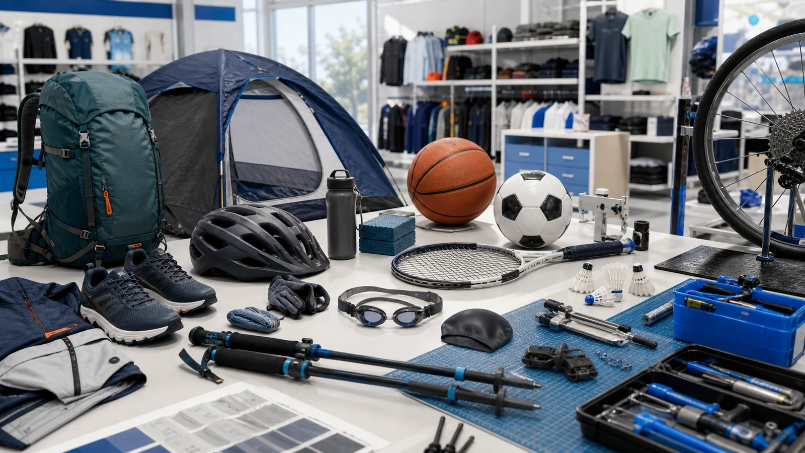 Multi-sport product and repair bench with bike, tent, balls, rackets, running gear, and service tools.
