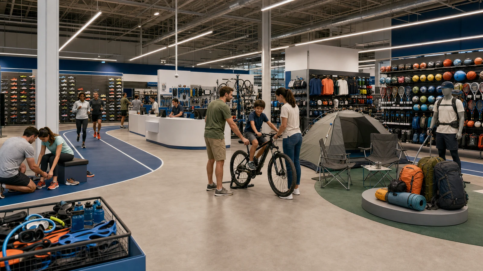 Large multi-sport store with service, testing, cycling, camping, balls, and retail scale.