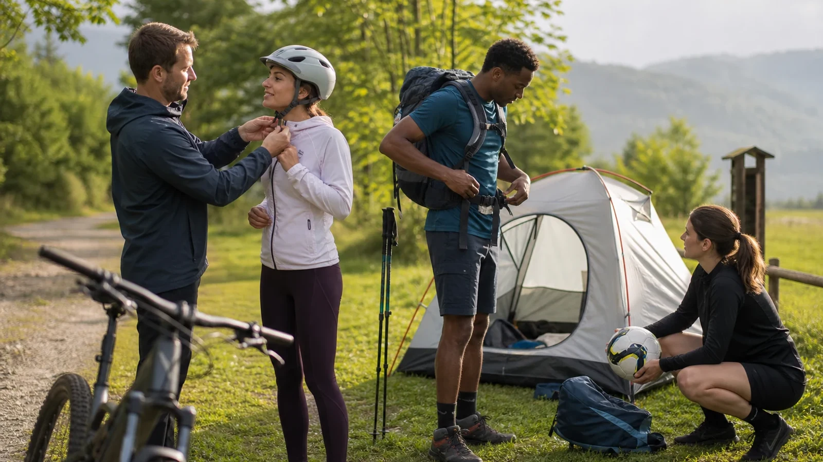 Adults testing a tent, bicycle helmet, hiking backpack, and football with practical guidance at a trailhead.