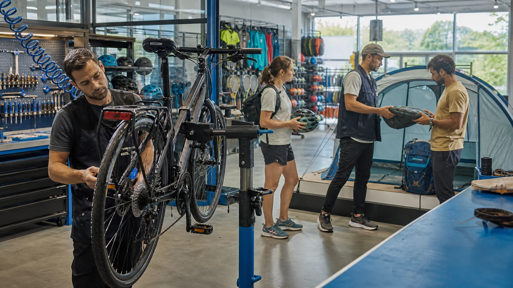 Technician repairing a bicycle while customers compare rental and outdoor equipment in a multi-sport workshop.