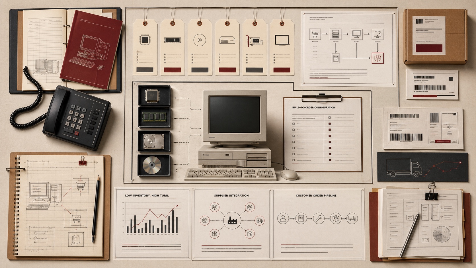 Generated archive desk showing a generic 1990s desktop computer, component trays, phone-order desk, web-order sketches, supplier links, inventory chart, and customer order pipeline