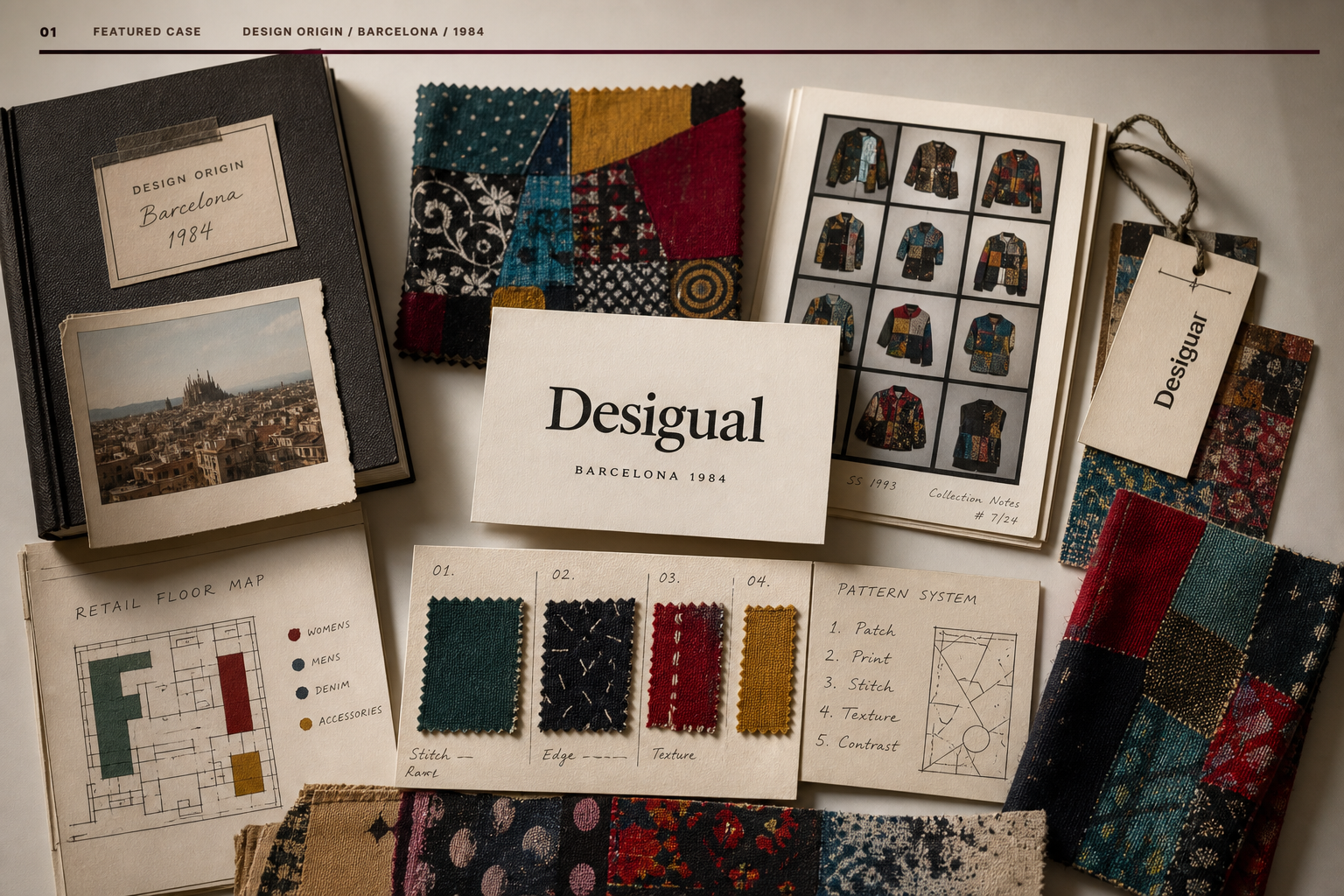 Premium editorial archive still-life of a Desigual color patchwork fashion case with source-mark card, patchwork swatches, Barcelona origin file, model-free lookbook, garment tags, retail floor map, and pattern notes