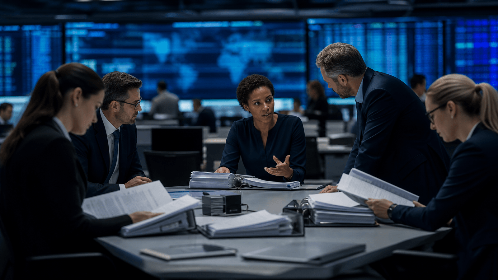 Banking risk specialists reviewing documents in a controlled operations setting.